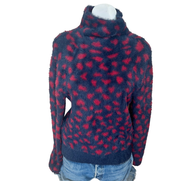 Thakoon Blue Red Fuzzy Sweater SMALL Leopard Oversized Soft Cozy Mockneck $275 - Picture 6 of 9